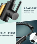 Close-up of Black Kitchen Faucet With Pull Down Sprayer, showing stainless steel and PEX hose components, labeled features.