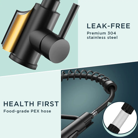 Close-up of Black Kitchen Faucet With Pull Down Sprayer, showing stainless steel and PEX hose components, labeled features.