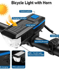 Rechargeable Solar Bike Lights With Ultra Bright Front Headlight And Rear Taillight All In One Built In Electric Bell USB Charging Waterproof Easy To Install For Road And Mountain Biking showing a control switch and solar panel on a bicycle handlebar