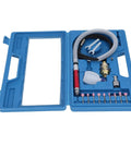 Straight Shot Precision Pneumatic Pencil Die Grinder Kit For Mechanics And Fabricators Featuring A Featherlight Grip and Knockout Torque, includes various attachments in blue case.