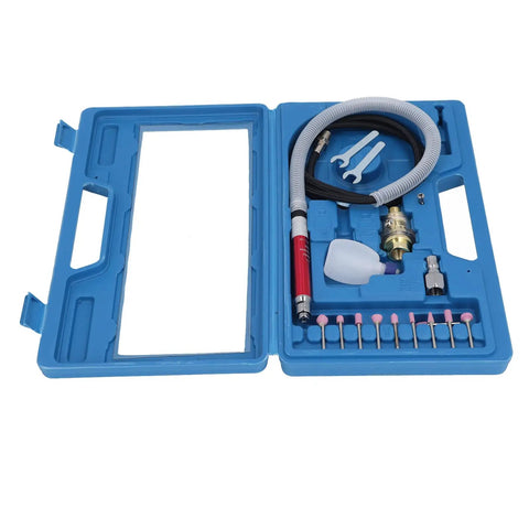 Straight Shot Precision Pneumatic Pencil Die Grinder Kit For Mechanics And Fabricators Featuring A Featherlight Grip and Knockout Torque, includes various attachments in blue case.