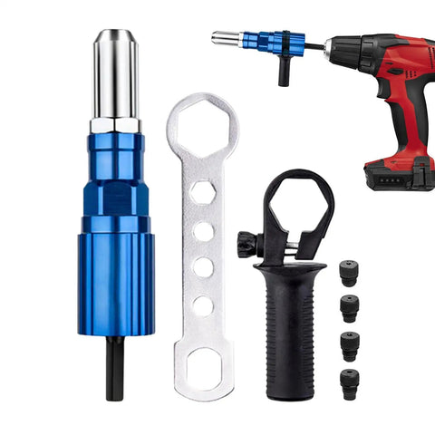 Attachment Kit For Drill With High Torque Pop Rivet Head, Electric Rivet Tool showing blue adapter, wrench, and handle.