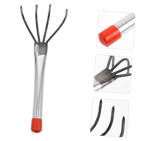 Close-up of Three Piece Steel Garden Rake Set with red comfortable grip handle, four-tooth design for soil loosening and gardening tasks.