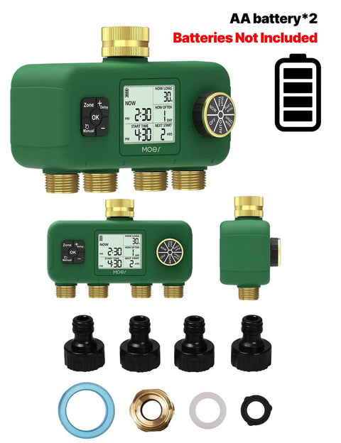 4 Zone Water Timer For Garden Hose With Heavy Duty Solid Brass Inlet And Outlets Battery Operated Programmable Sprinkler Timer No WiFi 4 Way Faucet Valve For Sequential Watering Weather Resistant Leak Proof Durable Irrigation Splitter