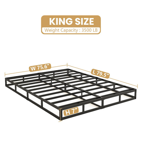 Heavy Duty King Size Box Spring And Mattress Base With Low 7 Inch Profile Solid Metal Frame showing dimensions and design.
