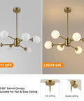 Six Light Sputnik Modern Pendant Chandelier With Opal White Glass Globes Height Adjustable For Flat Or Sloped Ceilings Gold Finish