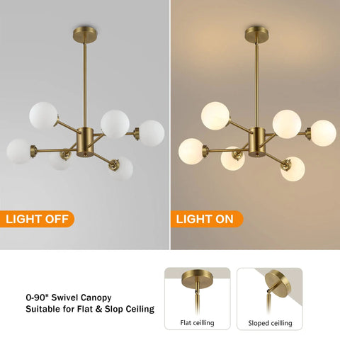 Six Light Sputnik Modern Pendant Chandelier With Opal White Glass Globes Height Adjustable For Flat Or Sloped Ceilings Gold Finish