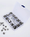 150 Piece Canvas Snap Kit Tool Set Marine Grade Stainless Steel Five Eighths Inch Snaps With Screws Sockets Covers And Two Setting Tools For Boat Covers Furniture And Marine Projects Silver displayed in an open plastic case with compartments.