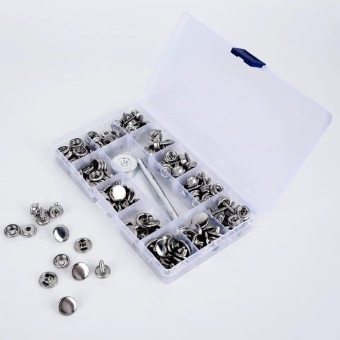 150 Piece Canvas Snap Kit Tool Set Marine Grade Stainless Steel Five Eighths Inch Snaps With Screws Sockets Covers And Two Setting Tools For Boat Covers Furniture And Marine Projects Silver displayed in an open plastic case with compartments.