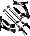 12-piece front suspension kit for Toyota Corolla 2009-2013; black steel lower control arms, ball joints, tie rods, sway bar links