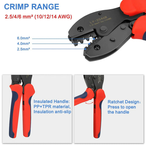 Heavy Duty Solar Crimping Tool Kit for 2.5 4 6 mm² and 10 14 AWG cables with PP TPR handle and ratchet design detail