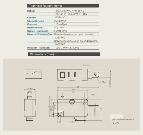 Technical diagram and specifications of Micro Limit Switch With 2 Pins, 16A, 125V To 250V AC, Door Interlock