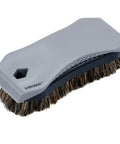 Leather Cleaning Brush With Horsehair Bristles For Car Interior And Home Use, Gently Scrubs Leather Seats Dash And Upholstery, Ergonomic 6.5 Inch Handheld Tool Gray. Gray handheld leather cleaning brush with horsehair bristles, side view