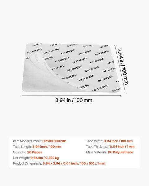 Rug Gripper 20 Pack With Strong Adhesive And Residue Free Double Sided Non Slip Carpet Stickers for Area Rugs, shown in dimensions.