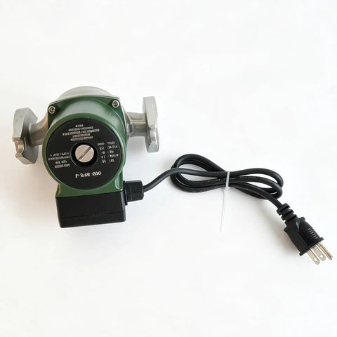 No Fuss Direct Swap One Eighth Horsepower Stainless Steel Cartridge Circulating Pump Replacement For Solar Heating And Domestic Water Lines top view with power cord.