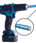 Side view of blue cordless drill with a 5-piece diamond dry drill bit set (3/16–1/2 in).