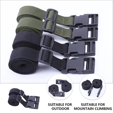 Set of heavy duty camping lashing straps with nylon quick release buckles for securing luggage and backpacks tents and outdoor gear on adventures road trips and everyday travel.