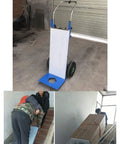 Lightweight Electric Hand Truck Stair Climber With Brushless Motor Handles Heavy 170 Kg Loads And Smoothly Descends Stairs Without Any Hassle Or Manual Effort, showing blue lightweight frame and rubber wheels.