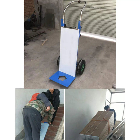 Lightweight Electric Hand Truck Stair Climber With Brushless Motor Handles Heavy 170 Kg Loads And Smoothly Descends Stairs Without Any Hassle Or Manual Effort, showing blue lightweight frame and rubber wheels.