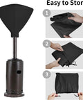 Vinyl Patio Heater Cover With Zipper And Storage Bag For Stand Up Propane Heaters Heavy Duty Waterproof Weatherproof Shield UV Resistant Fits 34 Inch Dome Heads And 18.5 Inch Bases Black shown with folding instructions.