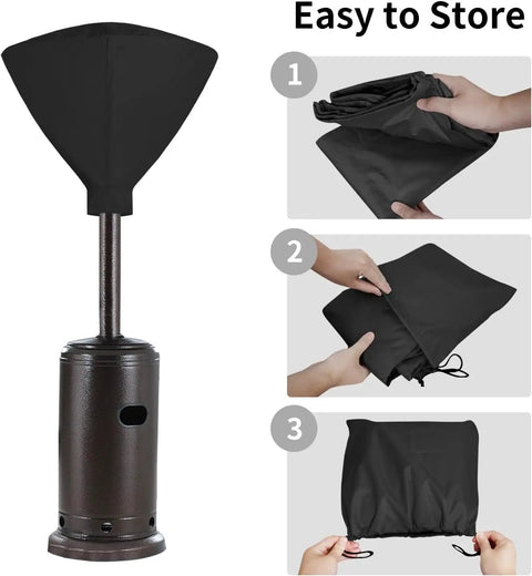Vinyl Patio Heater Cover With Zipper And Storage Bag For Stand Up Propane Heaters Heavy Duty Waterproof Weatherproof Shield UV Resistant Fits 34 Inch Dome Heads And 18.5 Inch Bases Black shown with folding instructions.