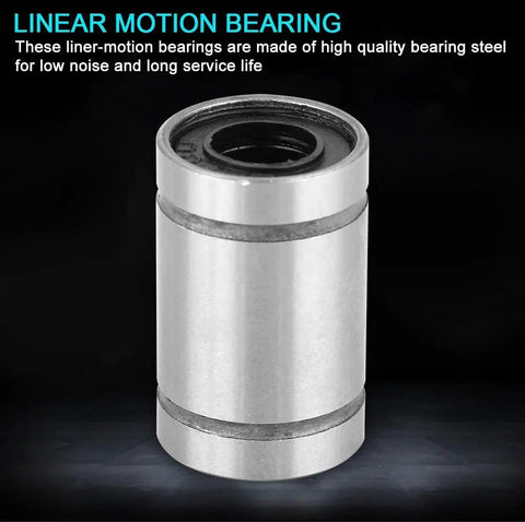 Eight Piece Linear Ball Bearings LM6UU 6MM Double Sealed Linear Motion Bushings For 3D Printer And CNC Rigs showing a close-up of a steel bearing.