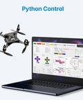 Laptop running Python control with drone positioning module with optical flow and ToF sensor for rock solid height hold