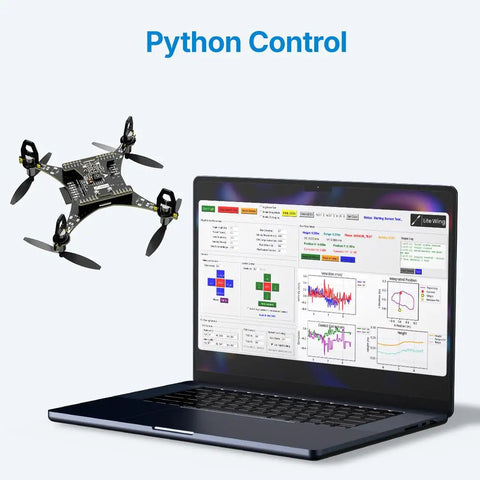 Laptop running Python control with drone positioning module with optical flow and ToF sensor for rock solid height hold