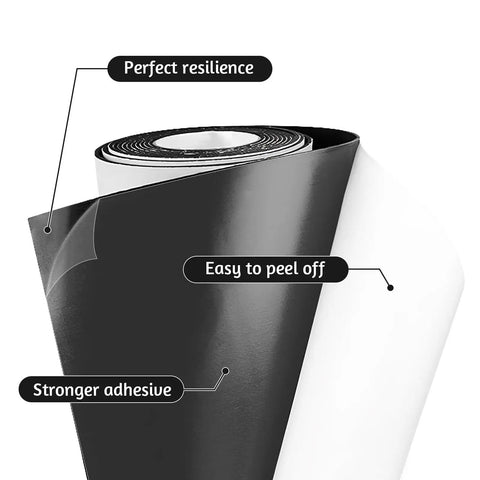 Heavy Duty Self Adhesive Neoprene Closed Cell Foam Sheet For Badass DIY Builds And Crafts With Hella Stick Power And A Nasty Waterproof Seal In Black Measuring 12 By 59 Inches, showing black foam roll with easy peel label.