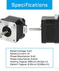 Front and side views of YEJMKJ Nema 17 bipolar stepper motor, 33mm body, 4‑lead, 2‑phase with 1m cable.