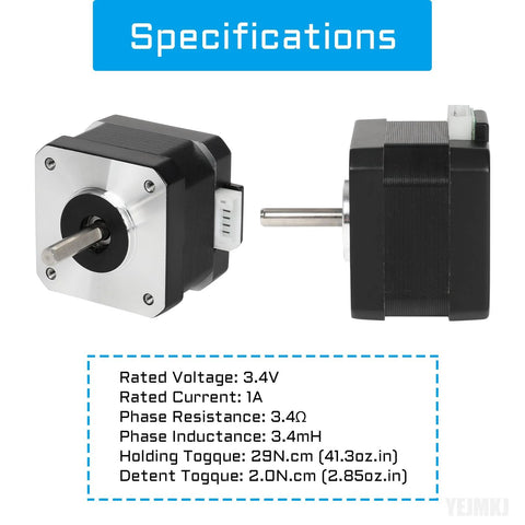 Front and side views of YEJMKJ Nema 17 bipolar stepper motor, 33mm body, 4‑lead, 2‑phase with 1m cable.