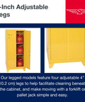 Heavy Duty American Made 45 Gallon Flammable Liquid Storage Cabinet With Self Closing Latches showcasing adjustable 4-inch legs for stability.