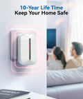 The Real Deal Plug In CO Gas Detector With 10 Year Sealed Battery Plus AC Backup showing LED glow mounted on wall.