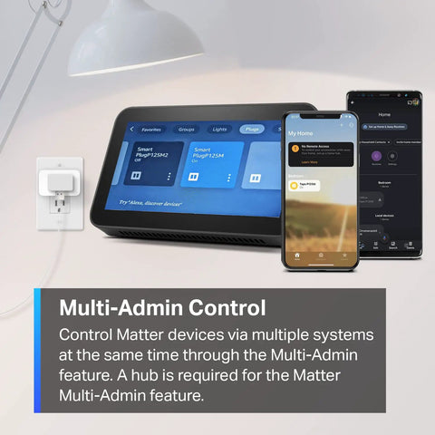 Matter Compatible Smart Plug Mini, Ultra Compact 15A 1800W, Plug and Play Setup with smart display and phone app interface.