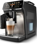Ready To Brew Renewed Fully Automatic Espresso Machine With Button Touch Controls and Quick Rinse Lattego Tray pouring latte.