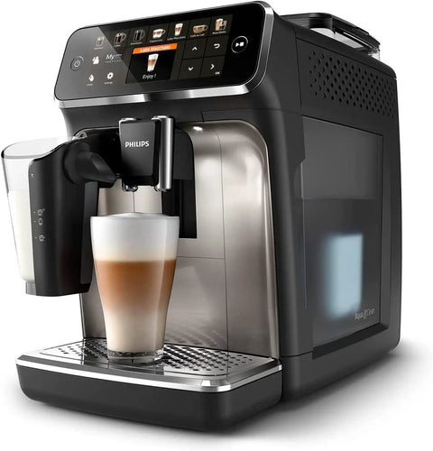 Ready To Brew Renewed Fully Automatic Espresso Machine With Button Touch Controls and Quick Rinse Lattego Tray pouring latte.