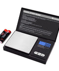 200g 0.01g Digital Pocket Scale With LCD Display open showing weighing surface, display screen, buttons, and batteries beside it
