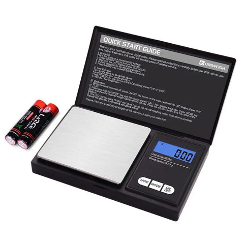 200g 0.01g Digital Pocket Scale With LCD Display open showing weighing surface, display screen, buttons, and batteries beside it
