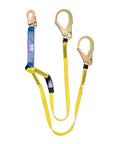 Tough As Nails Double Leg Safety Lanyard With External Shock Absorber And Steel Rebar Hook Heavy Duty Fall Arrest Gear built with sturdy yellow polyester webbing.