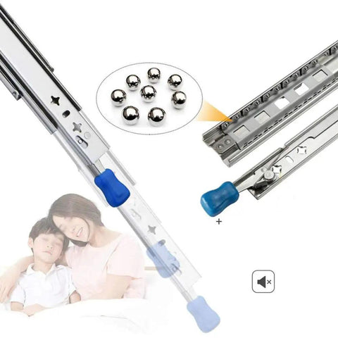 Heavy Duty Full Extension Drawer Slides Featuring Rock Solid Ball Bearing Glide And Secure Side Lock Mount Crafted From Thick Cold Rolled Steel highlighted with blue push buttons.