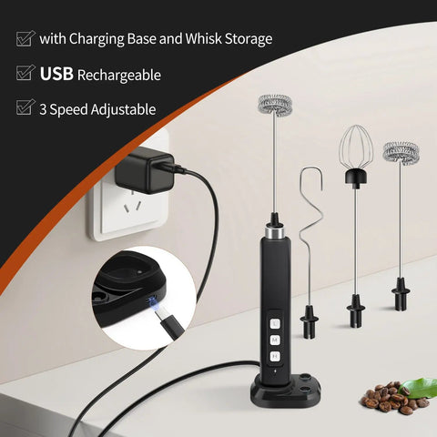 Rechargeable Milk Frother Handheld With 3 Detachable Stainless Whisks 3 Speed Adjustable Drink Mixer Mini Frother Wand visible with charging base and whisk storage