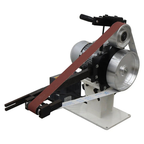 Shop Tough Variable Speed Belt Sander And Metal Polisher Featuring Three Grinding Wheels Dual Purpose Vertical Horizontal Stand 71 Inch Wide Sanding Belt For Knockout Flat Concave Curved Surface Finish with red sanding belt.