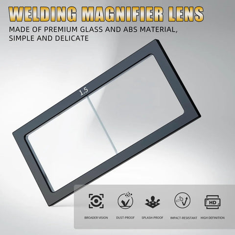 Welding Helmet Magnifying Lens Cheater Lens Diopter Range 1.0 To 3.0 For Eye Protection Glass Welder Magnifier Accessory 4.25x2.0 Inch Viewing Glass Kit Now, showcasing scratch-resistant glass in black frame.