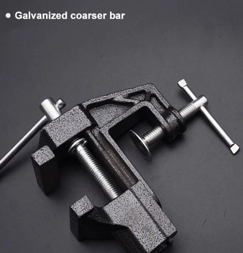 2 Inch Mini Bench Vise Beefy Heavy Duty Table Clamp with 1.20 Inch Jaw Width, gray finish, on dark background, showing anti-slip jaws