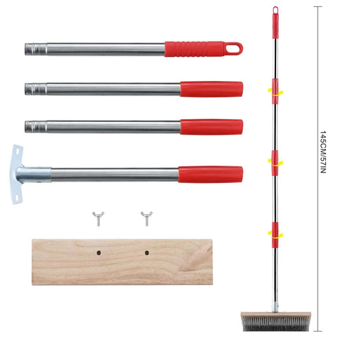 Heavy Duty Wire Scrub Brush With Telescopic Handle 57-Inch, shown disassembled with metal bristles and wooden headstock.