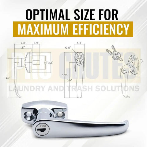 Trash Chute ADA L Handle With V Spindle Universal Fit For Laundry and Linen Doors with dimensions and key shown