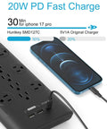 12 Outlet Surge Protector Power Strip With 3480 Joule Defense, Six-Foot Flat Plug, shown with phone and fast charging
