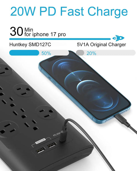 12 Outlet Surge Protector Power Strip With 3480 Joule Defense, Six-Foot Flat Plug, shown with phone and fast charging