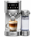 Kickstart Your Day Grind With This 20 Bar Espresso Machine Featuring Auto Milk Frother Smart Touchscreen and Sleek Steel Build for Bold Shot Creation No Fuss Cafe Sips Anytime Durable Kitchen Win, brewing espresso into glass mug.