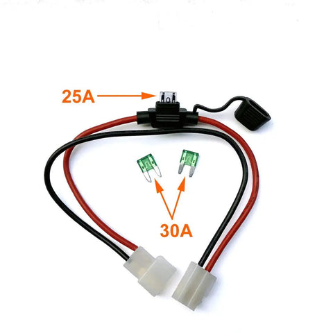 30A fusible circuit breaker and fuse socket kit with wires for 36V 48V 1000W brushed DC motor controller, includes 3 fuses.